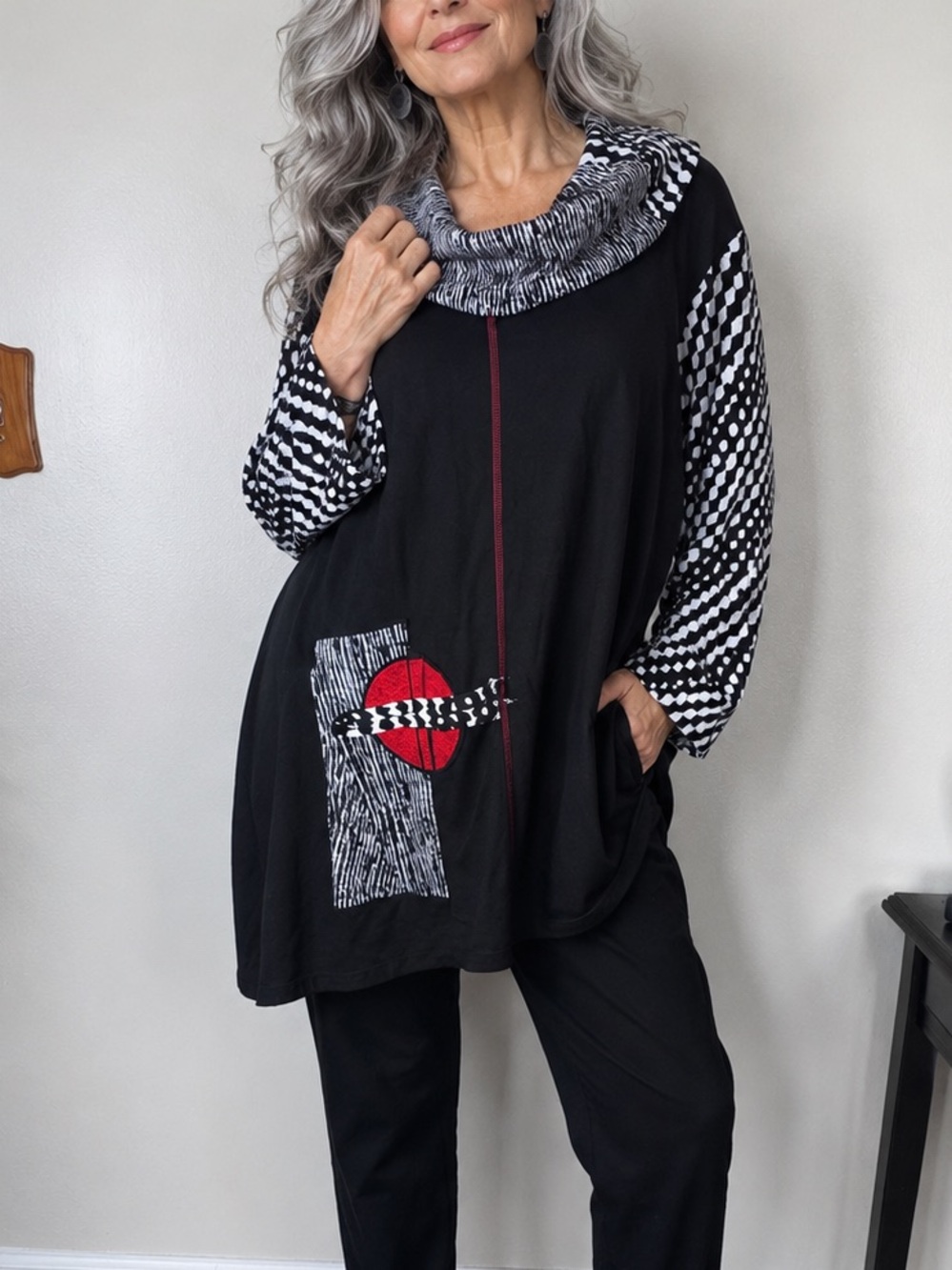 Ali Miles Black White Cowl Neck Plus Size 2X Lagenlook Artsy Swing Tunic Top